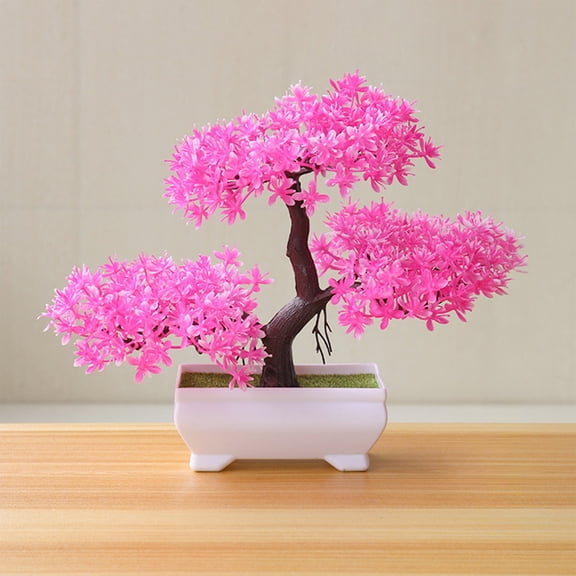Mini Artificial Bonsai Tree Plants with Plastic Cement Pots for Home Office Décor (Pink)