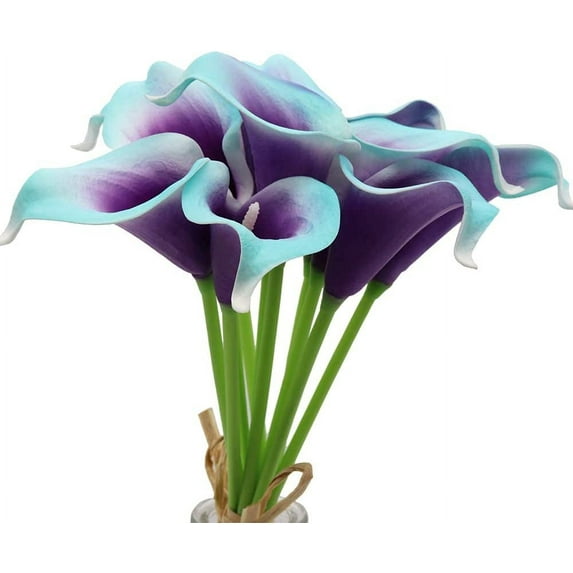 Mini Artificial Calla Lily 10 Stem Bridal Bouquets Artificial Latex Real Touch Flowers for Home Party Decor (Teal Blue White)