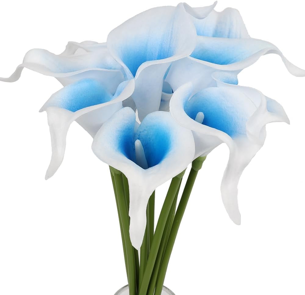 Mini Artificial Calla Lily 10 Stem Bridal Bouquets Artificial Latex Real Touch Flowers for Home Party Decor (Teal Blue White)