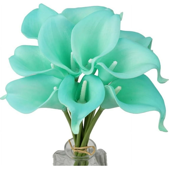Mini Artificial Calla Lily 10 Stem Bridal Bouquets Artificial Latex Real Touch Flowers for Home Party Decor (Teal Blue White)