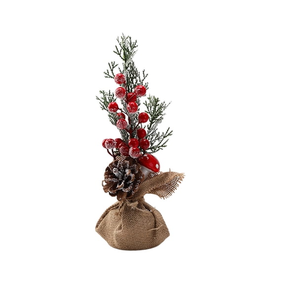 Mini Artificial Christmas Tabletop Tree with Burlap Base, Small Winter Berry Pine Centerpiece, Fake Pine Branch Arrangement with Red Berries Pinecone, Desktop Decor for Holiday Mantel Dining Table