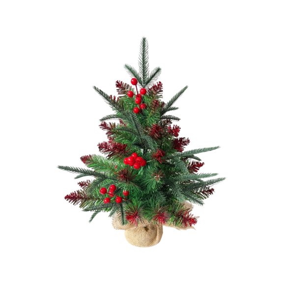 Mini Artificial Christmas Tree, 17.7 Inch PVC Tabletop Tree With Red Berry Decor and Wrapped Base