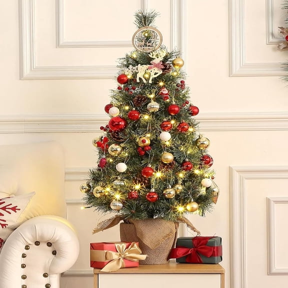 Mini Artificial Christmas Tree, 3ft Pre-Lit Christmas Tree with Burlap Base, 78 Warm White LED Lights, Mini Burlap Potted Artificial Christmas Tree for Desktop
