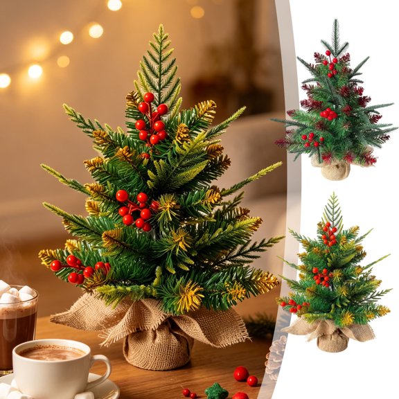Mini Artificial Christmas Tree With Red Berries, PVC Branches, Tabletop Decor for Home Office Shelf, Wrapped Base for Easy Standing, 45cm