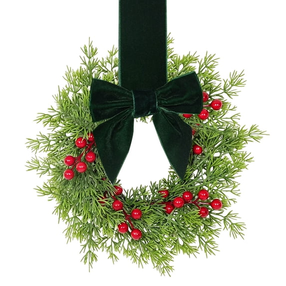Mini Artificial Cypress Christmas Wreath, Christmas Wreath with Bow and Red Berries, Small Evergreen Front Door Wreath, Xmas Hanging Ornament for Indoor Outdoor Porch Mantel Decoration