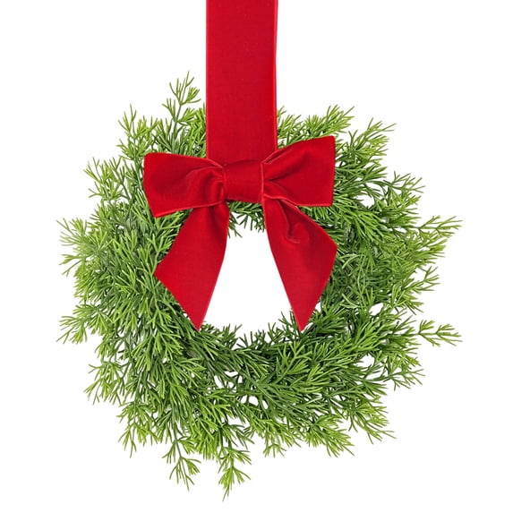 Mini Artificial Cypress Wreath with Bow, Small Green Evergreen Wreath for Front Door Wall Window Hanging, Festive Holiday Decor for Home Porch Mantel Indoor Outdoor Christmas Season Ornament
