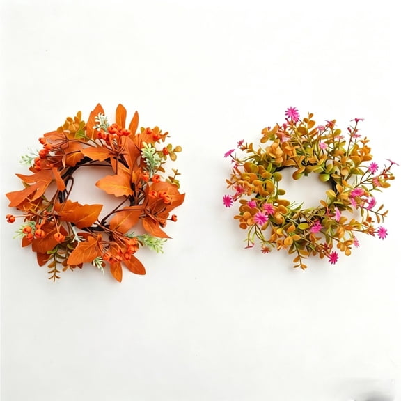 Mini Artificial Fall Candle Wreath - Small Floral Ring, Thanksgiving Home Table Decor, Plastic Foliage Berry Wreath, Orange, Ccwuwei