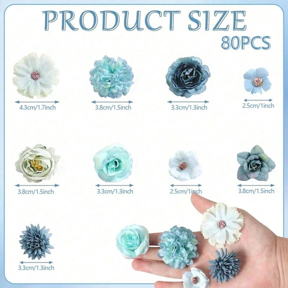 Mini Artificial Flower Heads, Green Silk Flower for Crafts, Handmade Artificial Flowers for DIY Cake Wedding Party Home Decoration, 80pc (Blue)