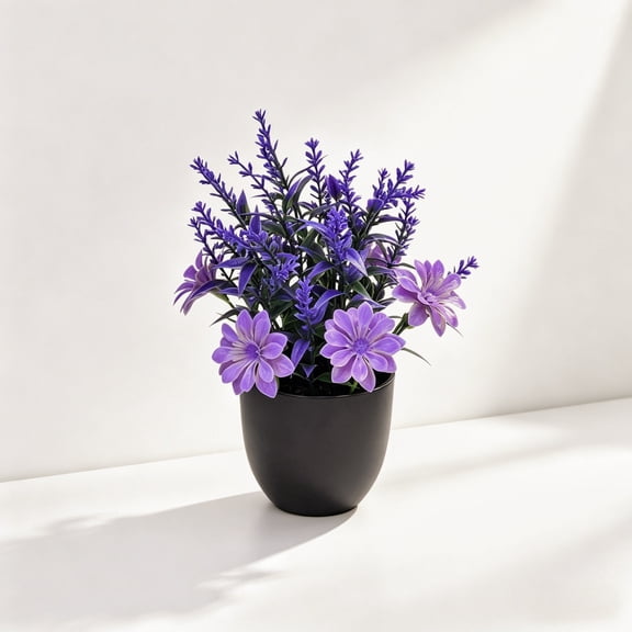 Mini Artificial Lavender Flower Potted Plant, Fake Purple Floral Greenery in Black Pot, Faux Plant for Home, Office & Desk Decor, Nordic Style