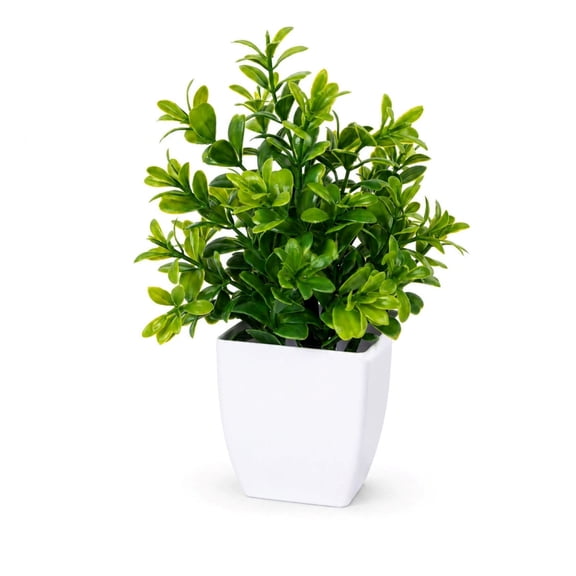 Mini Artificial Potted Plants, 7.87-Inch Green Plastic Faux Bonsai with White Square Pot for Desk, Shelf, Countertop and Office Decor