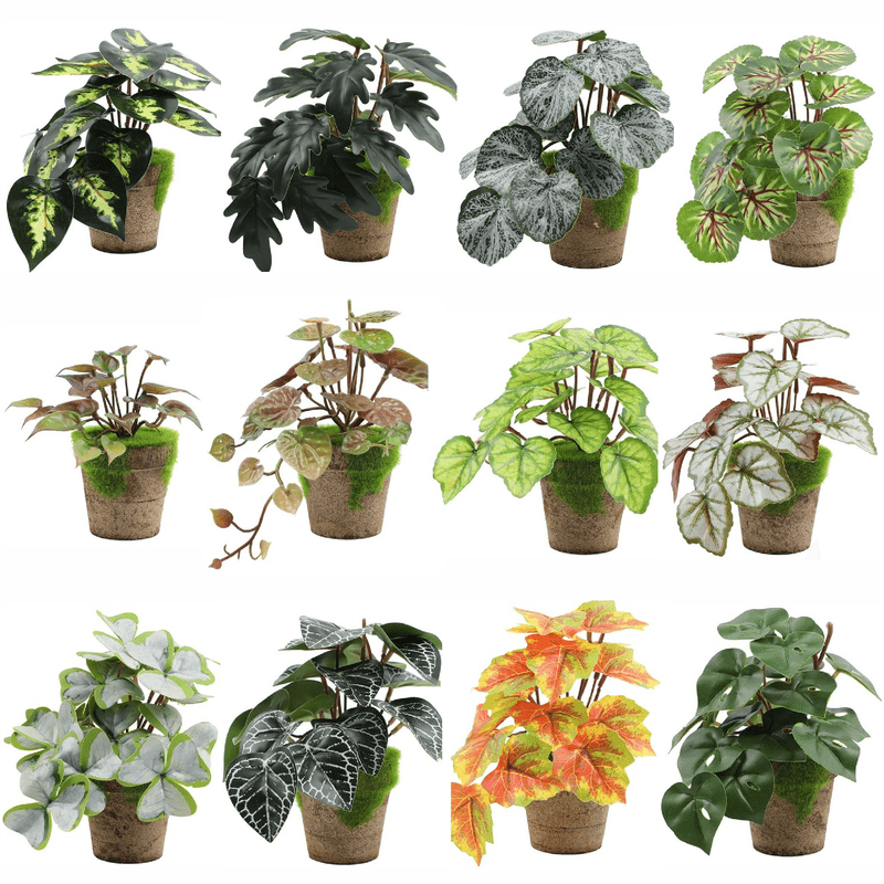 Mini Artificial Potted Plants Set Realistic Tropical Monstera Ivy UV Resistant Faux Mini Potted Greenery Leaves Plants Indoor for Home Office Desk Shelf Bathroom Jungle Hawaiian Party Décor Gifting