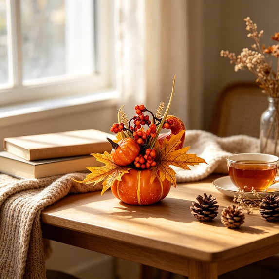 Mini Artificial Pumpkin Table Centerpiece with Sunflower Maple Leaves and Berries for Thanksgiving and Halloween Mantel Decor