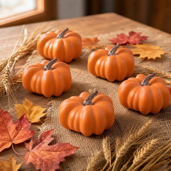 Mini Artificial Pumpkins 5 Pack, Orange Foam Pumpkins, Small Fall Table Decorations for Thanksgiving Halloween Mantel Tray Bowl Home Decor, L