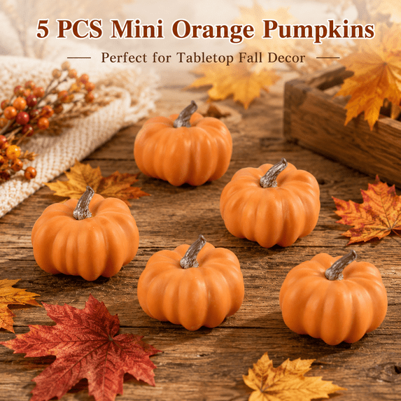Mini Artificial Pumpkins 5 Pack, Orange Foam Pumpkins, Small Fall Table Decorations for Thanksgiving Halloween Mantel Tray Bowl Home Decor, 2.7*1.9in