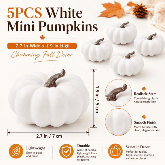 Mini Artificial Pumpkins 5 Pack, White Foam Pumpkins, Small Fall Table Decorations for Thanksgiving Halloween Mantel Tray Bowl Home Decor, 2.7*1.9in