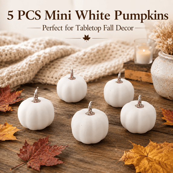 Mini Artificial Pumpkins 5 Pack, White Foam Pumpkins, Small Fall Table Decorations for Thanksgiving Halloween Mantel Tray Bowl Home Decor, 1.5*1.5in