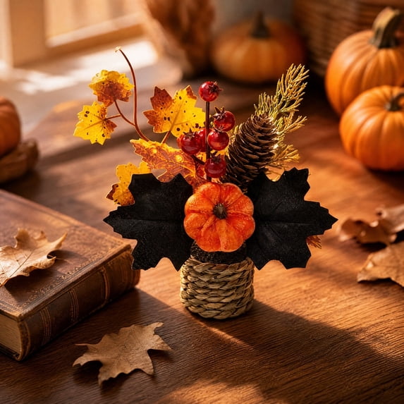 Mini Artificial Thanksgiving Pumpkin Maple Leaf Potted Plants, Realistic Fall Autumn Greenery Tabletop Ornament, Small Faux Plants Decor for Home Office Desk Indoor Holiday
