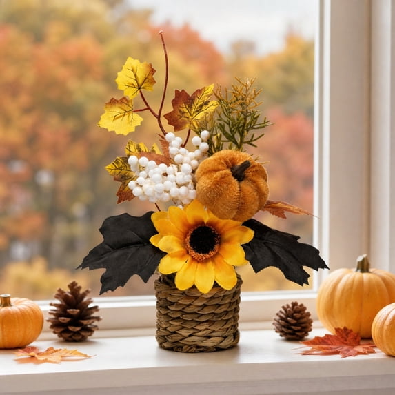 Mini Artificial Thanksgiving Pumpkin Maple Leaf Potted Plants, Realistic Fall Autumn Greenery Tabletop Ornament, Small Faux Plants Decor for Home Office Desk Indoor Holiday