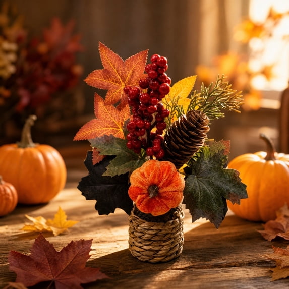 Mini Artificial Thanksgiving Pumpkin Maple Leaf Potted Plants, Realistic Fall Autumn Greenery Tabletop Ornament, Small Faux Plants Decor for Home Office Desk Indoor Holiday