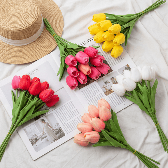 Mini Artificial Tulip Flowers Fake Floral Bouquet, 13 inch Tall Realistic Faux Wedding Arrangement, Party Home Office Decor Red