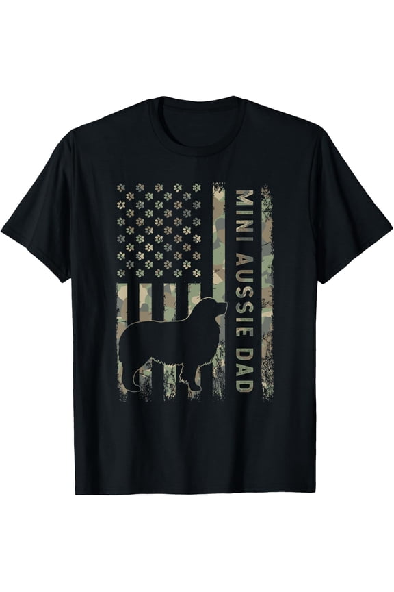 Mini Aussie Dad Australian Shepherd Dog Camo USA Flag T-Shirt