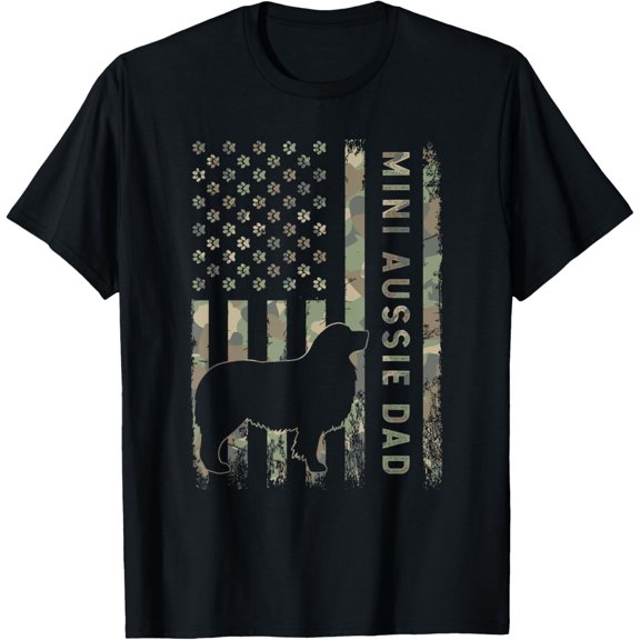 Mini Aussie Dad Australian Shepherd Dog Camo USA Flag T-Shirt