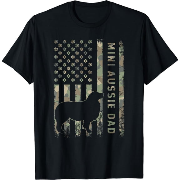 Mini Aussie Dad Australian Shepherd Dog Camo USA Flag T-Shirt