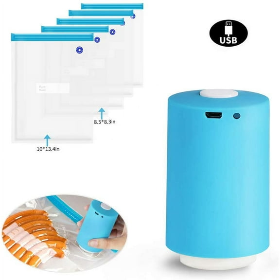 Mini Automatic Compression Vacuum Pump, USB Rechargeable Portable Electric Pump with Reusable Food Vacuum Storage Bags and Sealing Clips