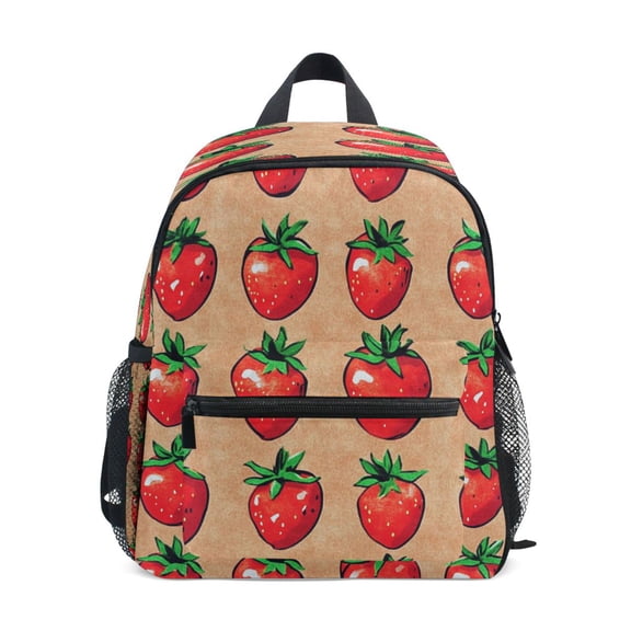Mini Backpack Brown Strawberry Print - Durable with Safety Features for 3-8 Years