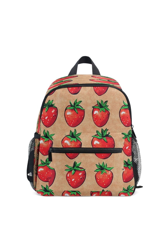 Mini Backpack Brown Strawberry Print - Durable with Safety Features for 3-8 Years