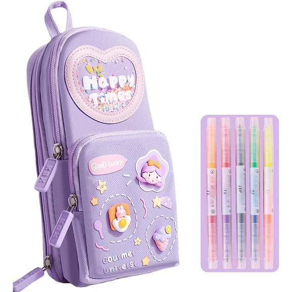 Mini Backpack Pencil Case Art Marker Storage Canvas Makeup Pocket Small Gadget Bag Organizer Random Free of Highlighters (Pink)