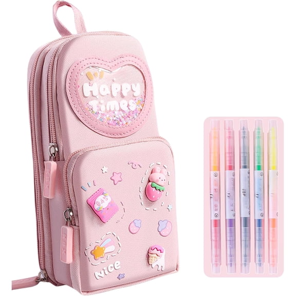 Mini Backpack Pencil Case Art Marker Storage Canvas Makeup Pocket Small Gadget Bag Organizer Random Free of Highlighters (Pink)