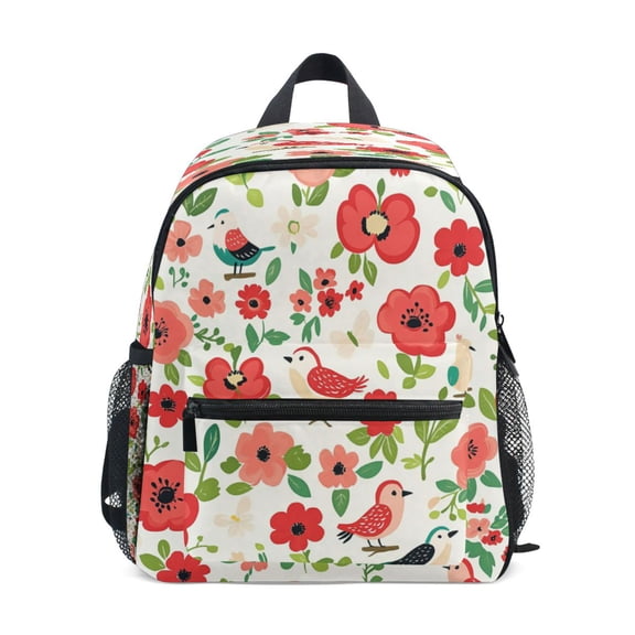 Mini Backpack Red Floral with Birds - Durable with Safety Features for 3-8 Years
