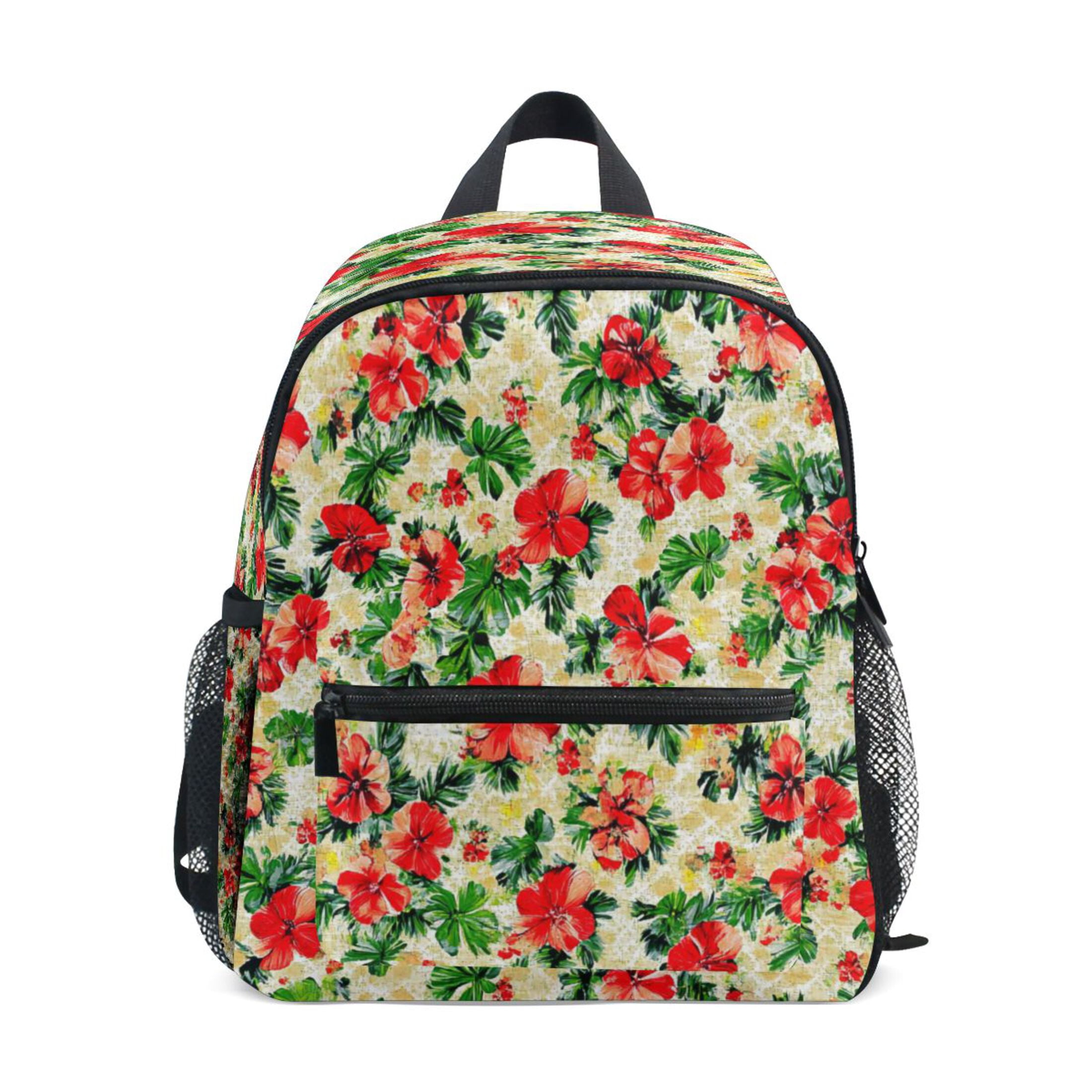 Mini Backpack Red Flower and Leaf Print - Durable with Safety Features ...