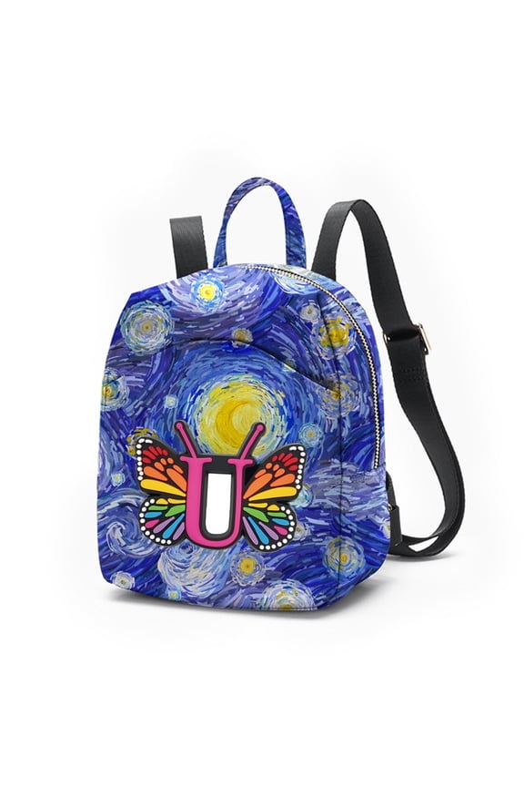 Women's Starry Night Van Gogh Mini Backpack, Butterfly Letter Initial Small Bag, Adjustable Strap Crossbody, 26 Letters for Art Lovers