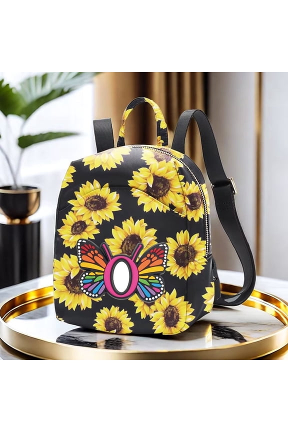 Sunflower Butterfly Letter O Print Mini Backpack, Adjustable Strap Polyester Small Backpack for Women