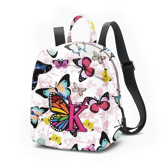 Alikpop butterfly print mini backpack for women, letter K adjustable strap polyester daypack