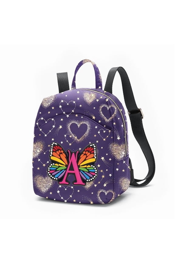 Women's Mini Backpack, Butterfly Letter A Print Adjustable Strap Nylon Daypack, Purple Heart Star Print
