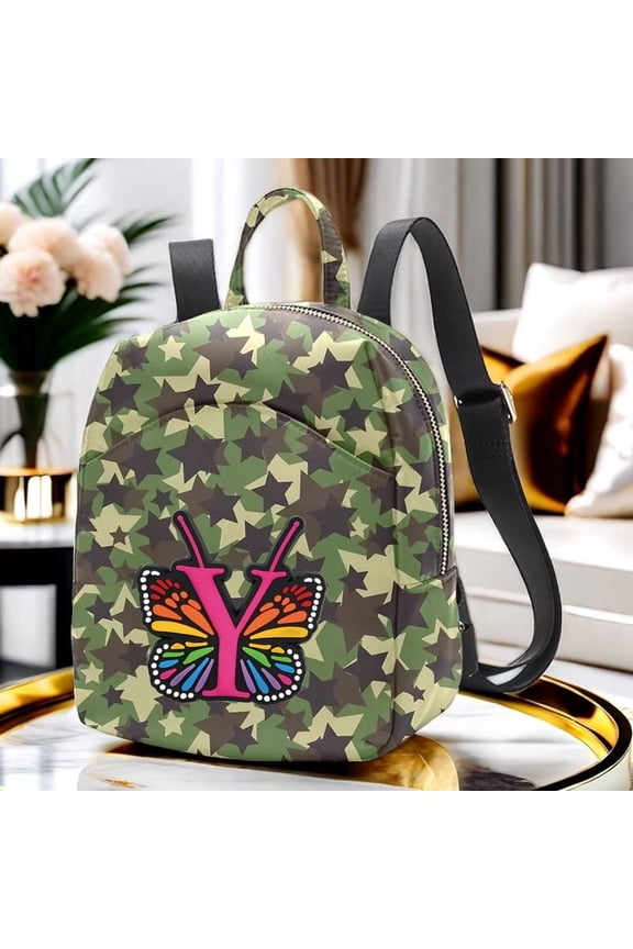 Women's Camo Star Print Mini Backpack, Letter Y Butterfly Initial Small Bag with Adjustable Strap