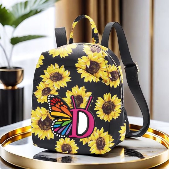 Alikpop Sunflower Butterfly Letter D Print Mini Backpack, Adjustable Strap Polyester Small Backpack for Women