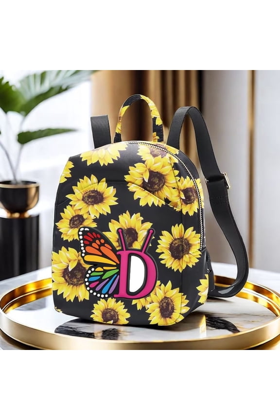 Sunflower Butterfly Letter D Print Mini Backpack, Adjustable Strap Polyester Small Backpack for Women