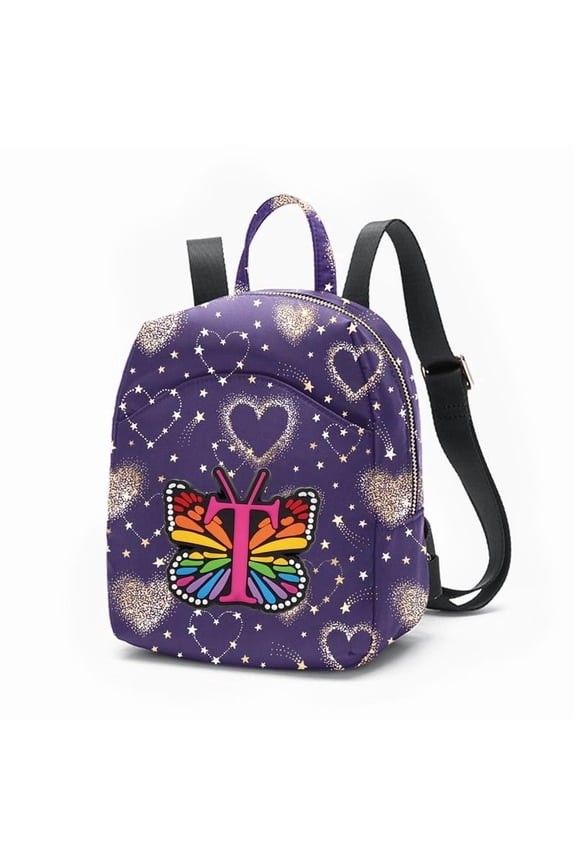 Women's Mini Backpack, Butterfly Letter T Print Adjustable Strap Nylon Daypack, Purple Heart Star Print