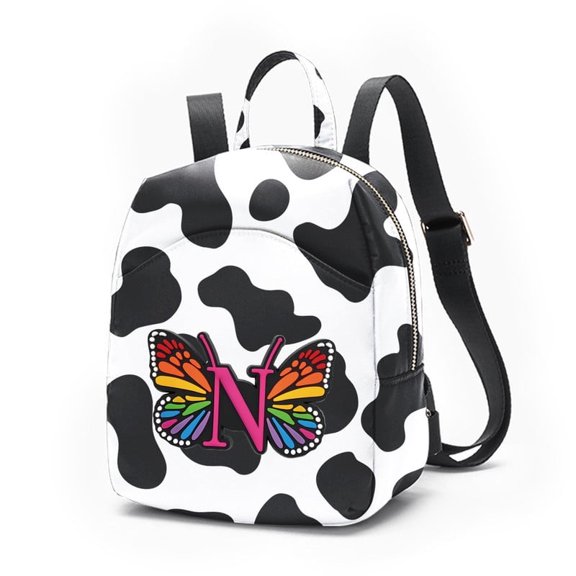 Alikpop cow print mini backpack for women, butterfly letter N adjustable strap small daypack
