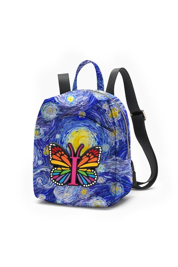 Women's Starry Night Van Gogh Mini Backpack, Butterfly Letter Initial Small Bag, Adjustable Strap Crossbody, 26 Letters for Art Lovers