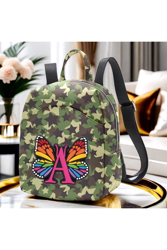 Women's Camo Star Print Mini Backpack, Letter A Butterfly Initial Small Bag with Adjustable Strap