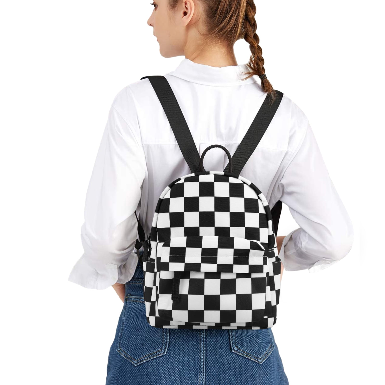 Mini Backpack - Black and White Checkered Canvas