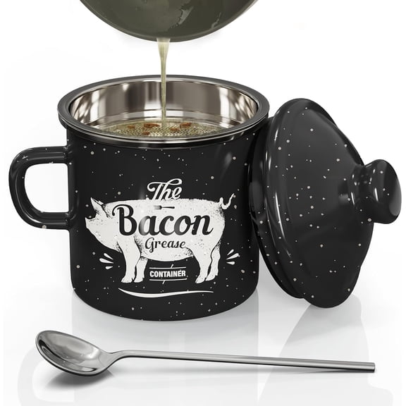 Mini Bacon Grease Container With Strainer - 15OZ Enamel Grease Saver, Farmhouse Bacon Grease Keeper For Kitchen Fat Storage, Dishwasher Safe-Black