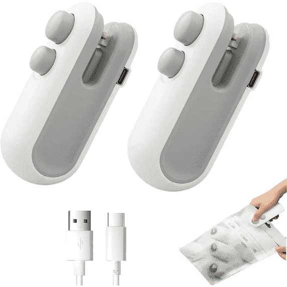 Mini Bag Sealer, Handheld Heat Sealer for Plastic Bags, Portable Food Sealer Machine with Built-In Battery & Cutter for Food Storage, Snacks, Freshness Keep, 2pcs