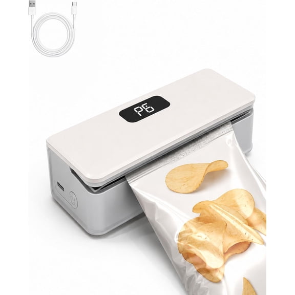 Mini Bag Sealer, Rechargeable 6-Speed Adjustable, LED Display & Built-In Cutter, Magnetic Base – Portable Heat Sealer for Chips/Snacks/Mylar/Foil Bags Kitchen Food Storage Gadget (White)