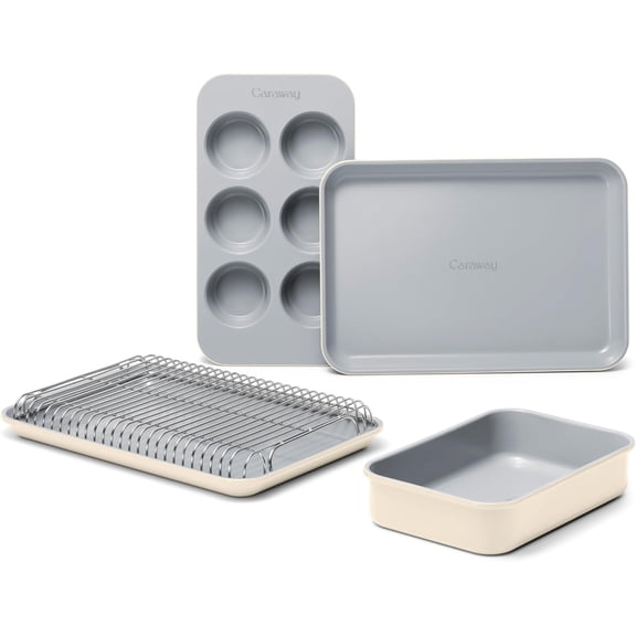 Mini Bakeware Set  Naturally Non-Stick, Non-Toxic Ceramic Coating  Compact Baking Pans Set for Small Kitchens & Ovens  Includes Baking Sheets, Muffin Pan, Cooling Rack & Storage - Cream